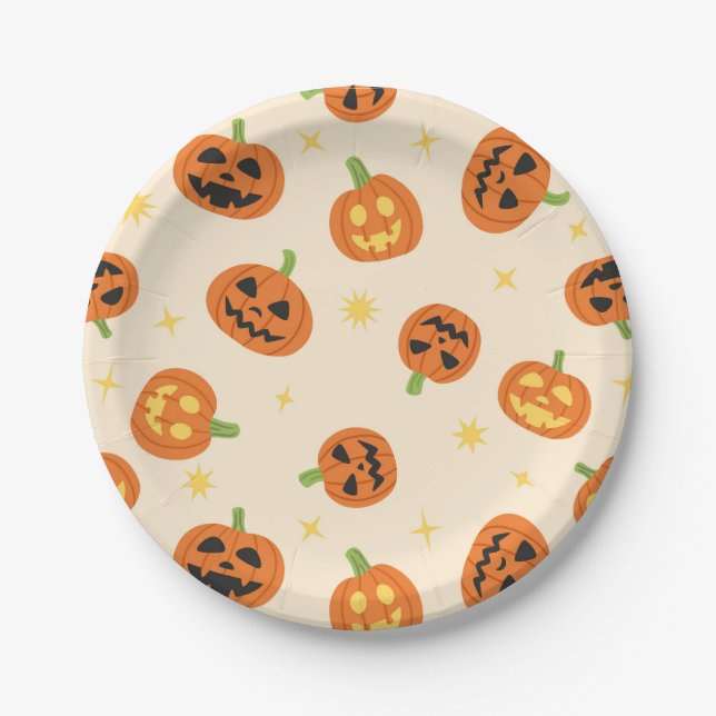 Cute Halloween Pumpkins on Cream Paper Plates (Front)