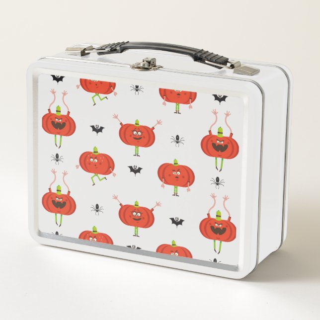 Cute halloween pumpkins, spider & bat pattern metal lunch box (Front)
