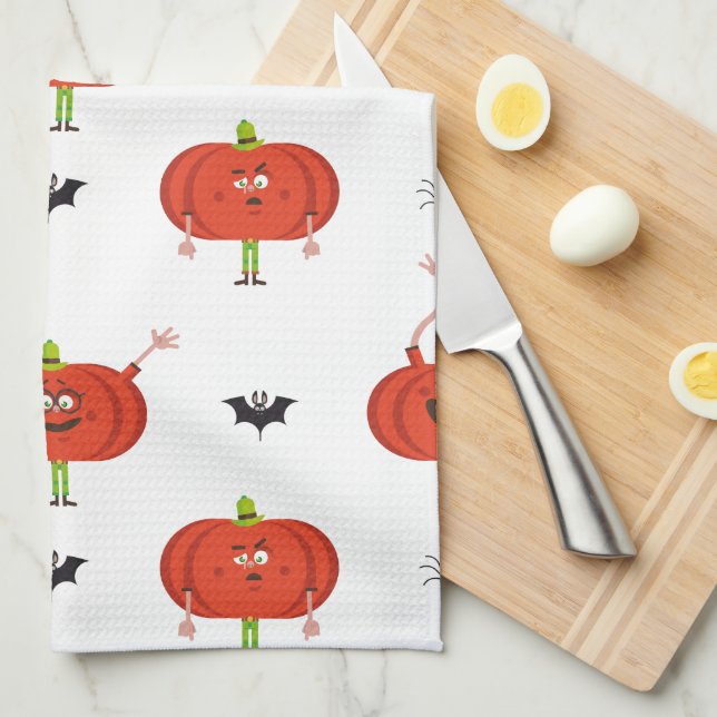 Cute halloween pumpkins, spider & bat pattern tea towel (Quarter Fold)