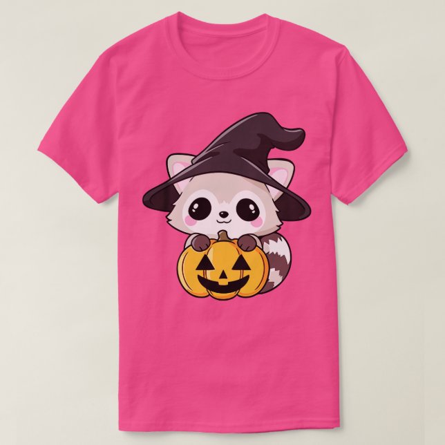 Cute Halloween racoon in a witch hat and pumpkin  T-Shirt (Design Front)