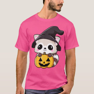 Cute Halloween racoon in a witch hat and pumpkin  T-Shirt