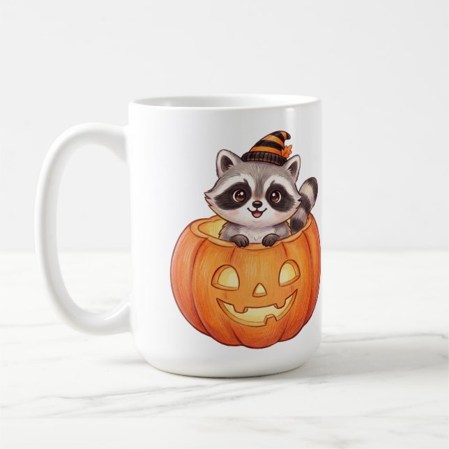 Cute Halloween Racoon in Jack-o'-Lantern Pumpkin  Coffee Mug (Left)