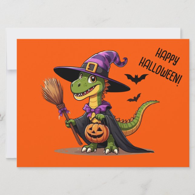 Cute Halloween Raptor/Dinosaur Witch Holiday Card (Front)