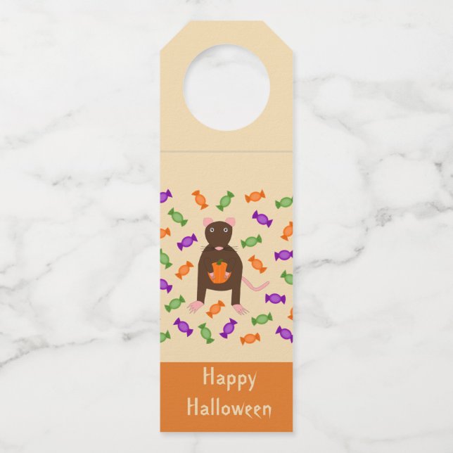 Cute Halloween Rat and Pumpkin Custom Bottle Tag (Front)