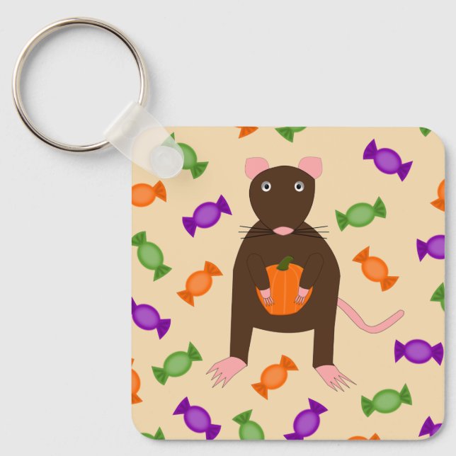 Cute Halloween Rat and Pumpkin Custom Key Ring (Front)