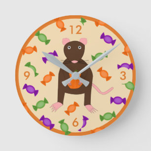 Cute Halloween Rat and Pumpkin Round Clock