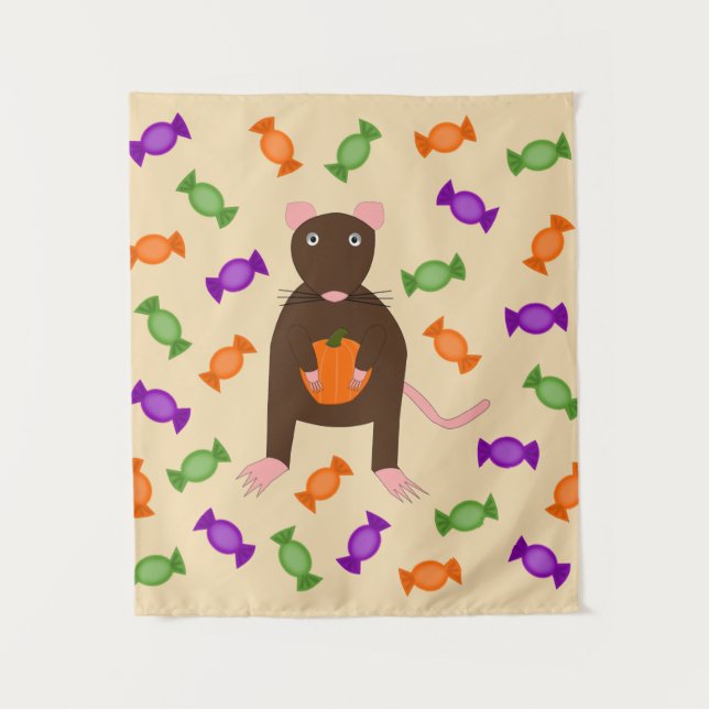 Cute Halloween Rat and Pumpkin Tapestry (Front)
