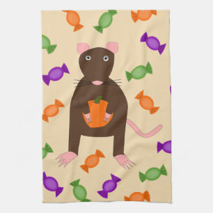 Cute Halloween Rat and Pumpkin Tea Towel