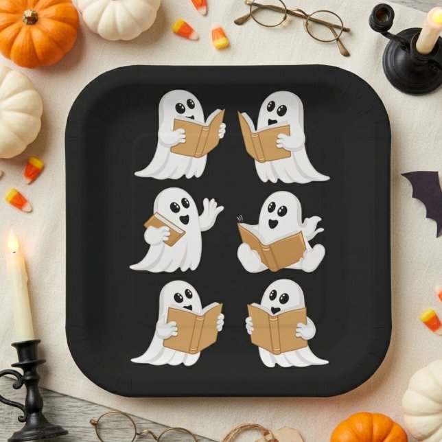 Cute Halloween Reading Ghosts Teacher Librarian Paper Plate (Creator Uploaded)