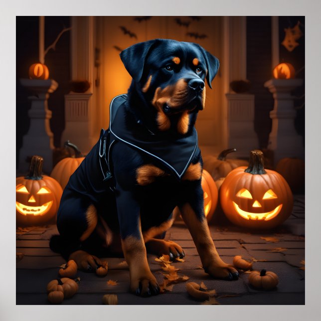 Cute Halloween Rottweiler Dog Night with Pumpkins  Poster (Front)