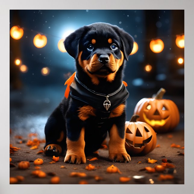 Cute Halloween Rottweiler Puppy Dog w Pumpkins  Poster (Front)