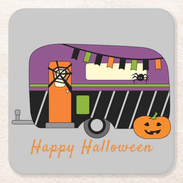 Cute Halloween RV Square Paper Coaster (Front)