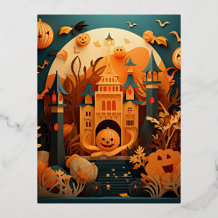 Cute Halloween Scene 3D Effect Design Foil Holiday Postcard