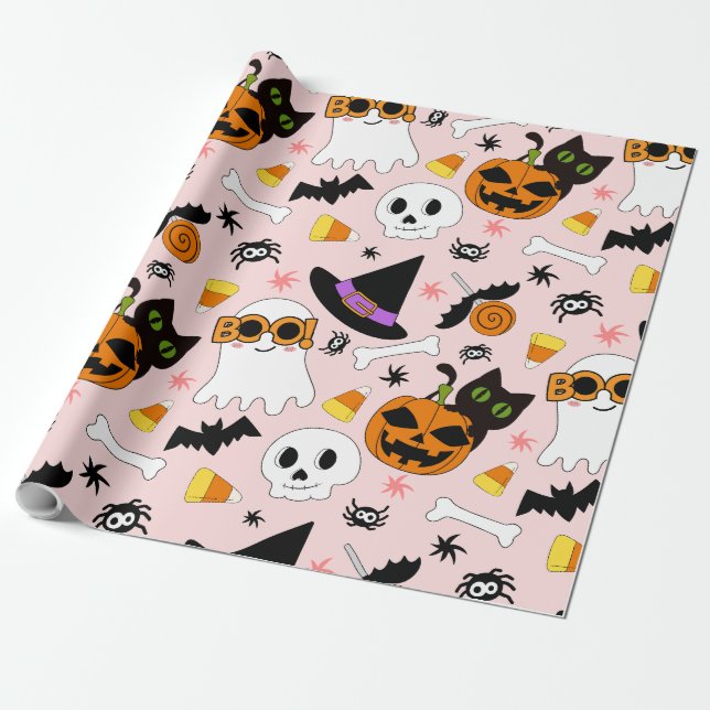 Cute Halloween Seamless Pattern Ghost Cat Pumpkin Wrapping Paper (Unrolled)