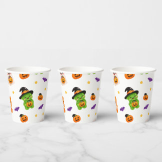 Cute Halloween Seamless Pattern – Kawaii Pumpkins, Paper Cups