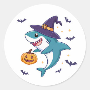 Cute Halloween Shark with Witch Hat and Pumpkin Classic Round Sticker