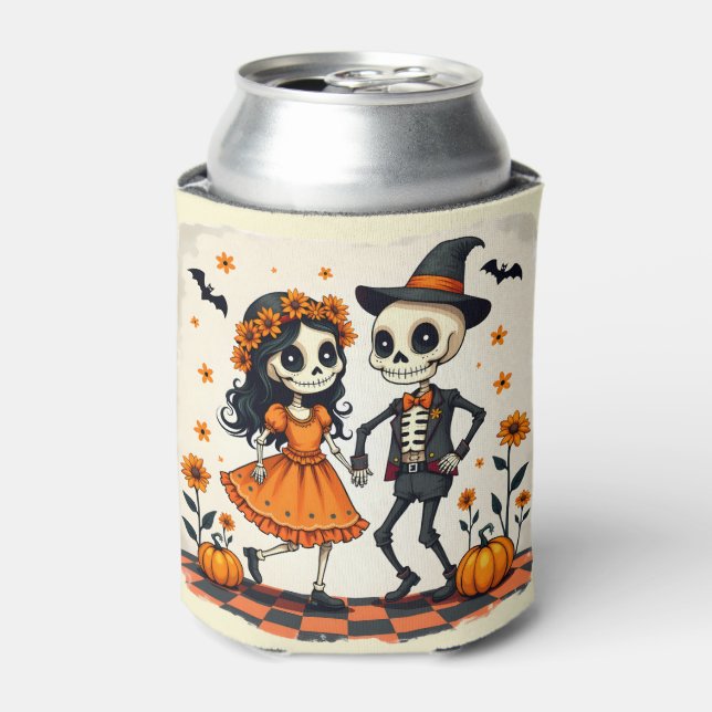 Cute Halloween Skeleton Couple in Orange Can Cooler (Can Front)