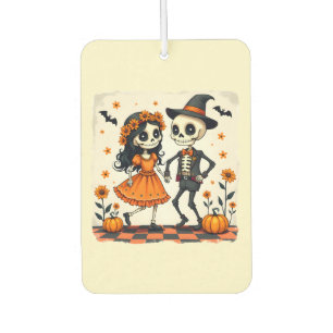 Cute Halloween Skeleton Couple in Orange Car Air Freshener
