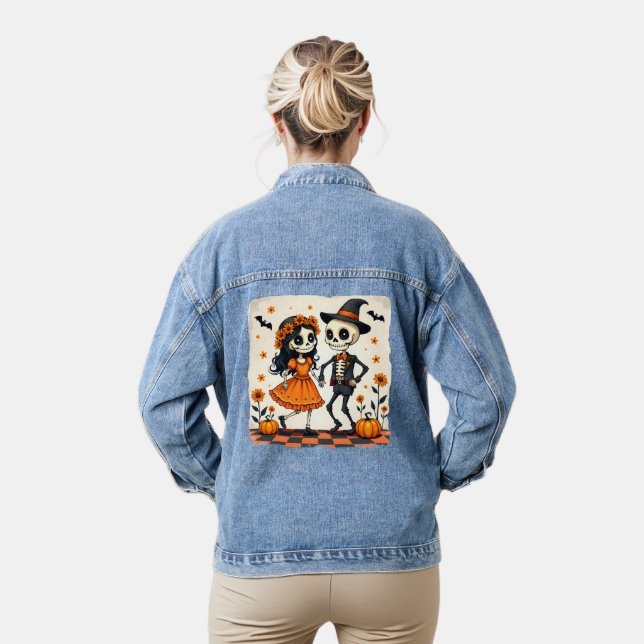 Cute Halloween Skeleton Couple in Orange Denim Jacket (Model)