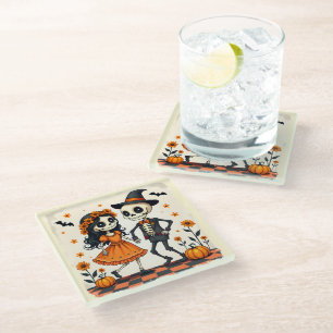 Cute Halloween Skeleton Couple in Orange Glass Coaster