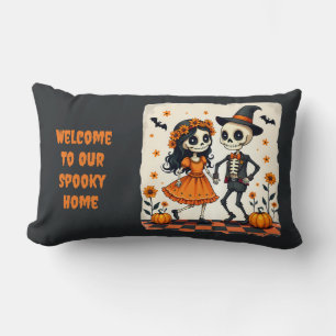 Cute Halloween Skeleton Couple in Orange Lumbar Cushion