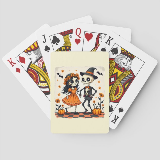 Cute Halloween Skeleton Couple in Orange Playing Cards (Back)
