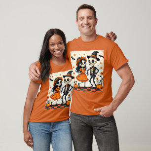 Cute Halloween Skeleton Couple in Orange T-Shirt
