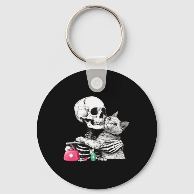 Cute Halloween Skeleton Hug Cat Vet Tech Veterinar Key Ring (Front)