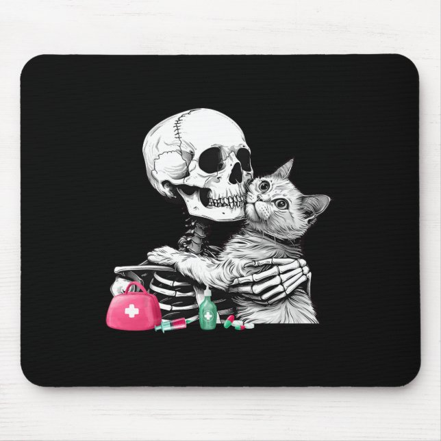 Cute Halloween Skeleton Hug Cat Vet Tech Veterinar Mouse Pad (Front)