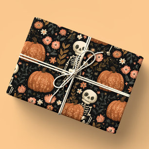 Cute Halloween Skeletons and Pumpkins Pattern Wrapping Paper
