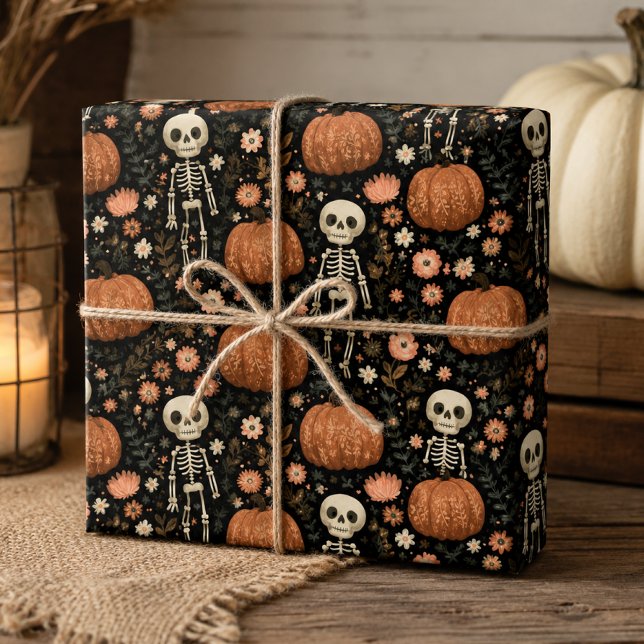 Cute Halloween Skeletons and Pumpkins Pattern Wrapping Paper Sheet (Creator Uploaded)