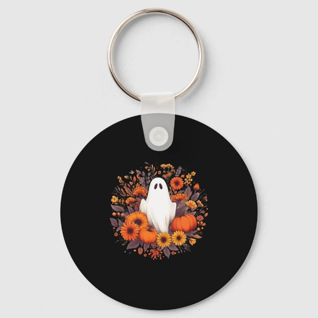 Cute Halloween Spooky Ghost Fall Pumpkin Autumn Fl Key Ring (Front)