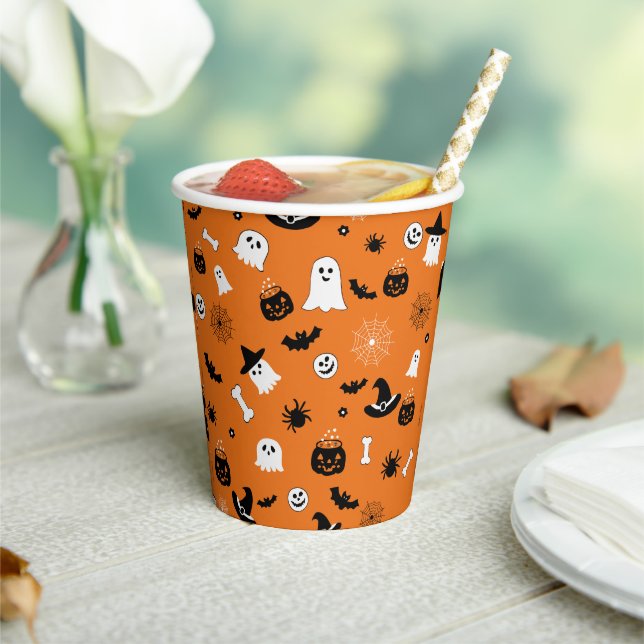 Cute Halloween Spooky Ghosts Orange Seamless Patte Paper Cups (Insitu)
