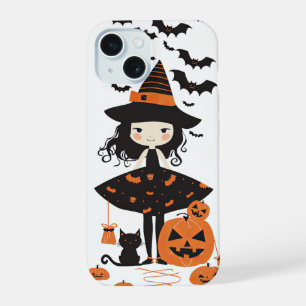 Cute Halloween Spooky Witch Black Cat Bats Pumpkin iPhone 15 Case