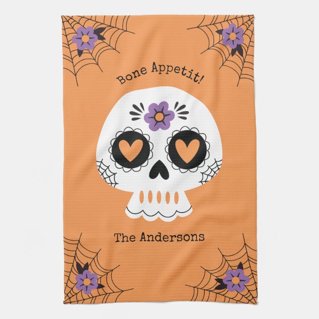 Cute Halloween Sugar Skull Tea Towel (Vertical)