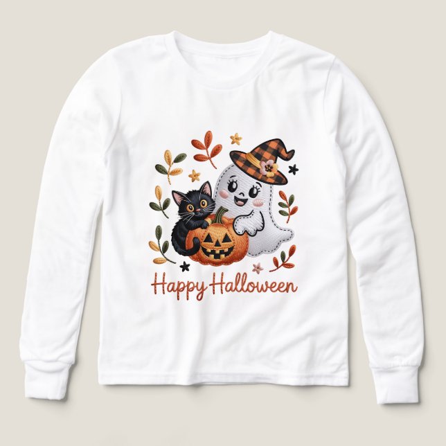 Cute Halloween T-Shirt – Whimsical Embroidery  (Design Front)