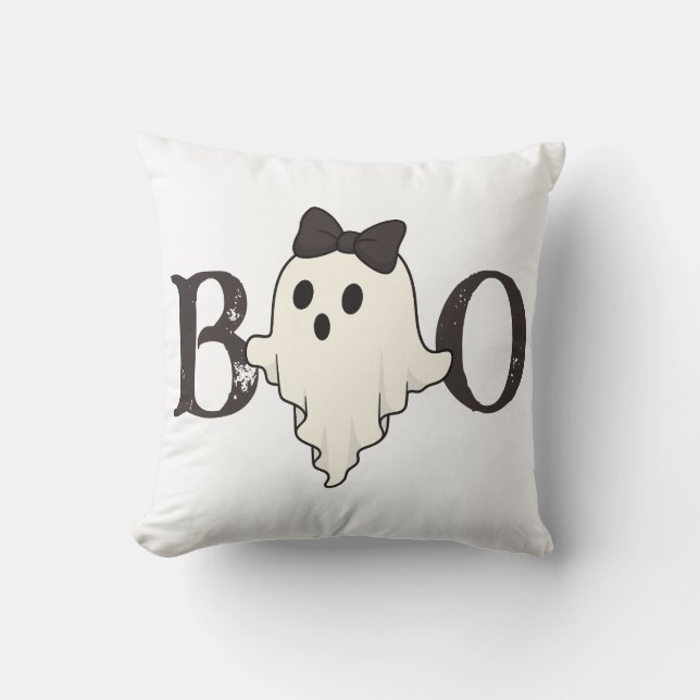 Cute Halloween Throw Pillow – "Boo" Ghost with Bow (Front)