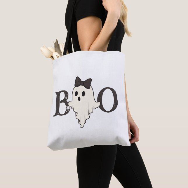 Cute Halloween Tote Bag – "Boo" Ghost with Bow (Close Up)