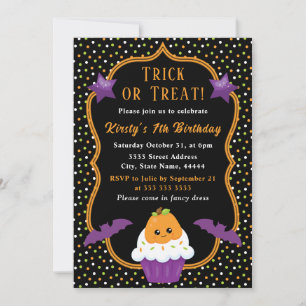 Cute Halloween Trick-or-Treat Cupcake Birthday Invitation