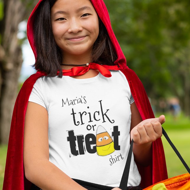 Cute Halloween Trick or Treat Girls T-Shirt (Cute Whimsy Halloween Tick or Treat Kids T-Shirt)