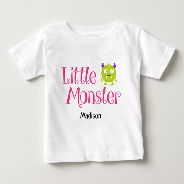 Cute Halloween Trick or Treat Little Monster Name Baby T-Shirt (Front)