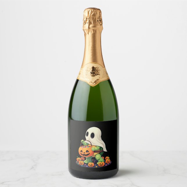 Cute Halloween Turtle Ghost with Candy (2) Sparkling Wine Label (Front)