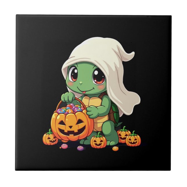 Cute Halloween Turtle Ghost with Candy (3) Tile (Front)