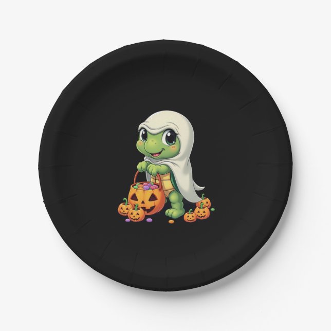 Cute Halloween Turtle Ghost with Candy (4) Paper Plate (Front)