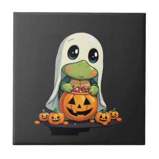 Cute Halloween Turtle Ghost with Candy (5) Tile