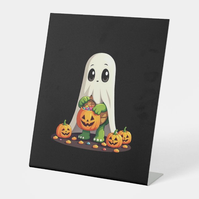 Cute Halloween Turtle Ghost with Candy (6) Pedestal Sign (Front)