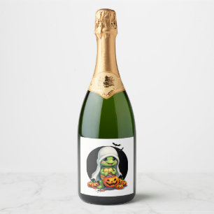 Cute Halloween Turtle Ghost with Candy (7) Sparkling Wine Label