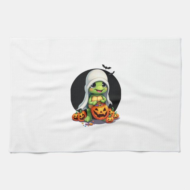Cute Halloween Turtle Ghost with Candy (7) Tea Towel (Horizontal)