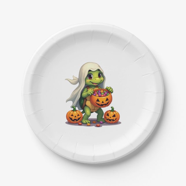 Cute Halloween Turtle Ghost with Candy (8) Paper Plate (Front)