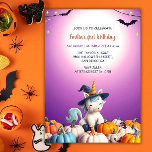 Cute Halloween Unicorn Pumpkins  Girl 1st Birthday Invitation